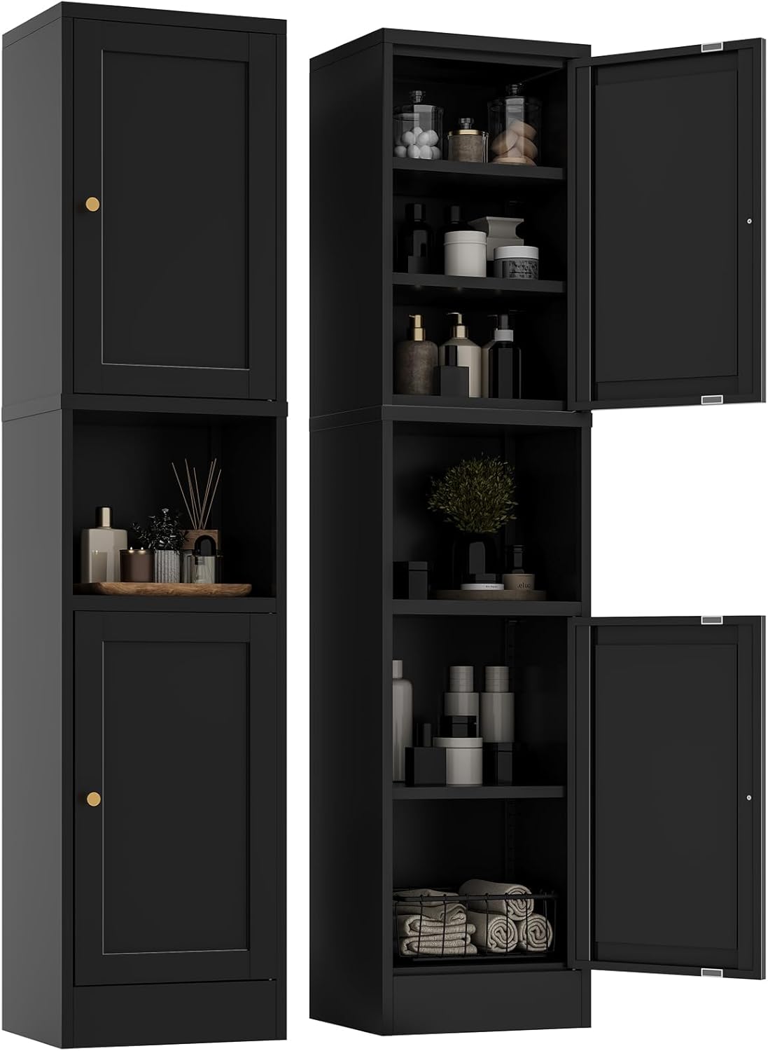 YAUWOH 2-Door Metal Storage Cabinet, Tall Slim Pantry Organizer with 3 Adjustable Shelves (120LBS/Shelf), Anti-Tipping Waterproof Cabinet for Bathroom/Kitchen/Home Office/Small Spaces, (1PC,Black)
