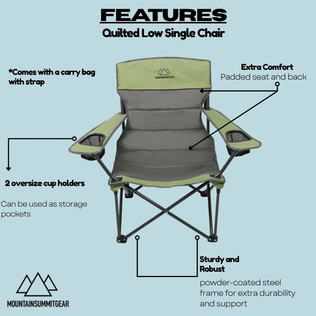 Quilted Double Camping Chair and Single Camping Chair with Padded Seat and Back for Camping/Hiking/Backpacking – Available in Low and Standard Heights (Low Chair (Gray/Asparagus))