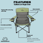 Quilted Double Camping Chair and Single Camping Chair with Padded Seat and Back for Camping/Hiking/Backpacking – Available in Low and Standard Heights (Low Chair (Gray/Asparagus))