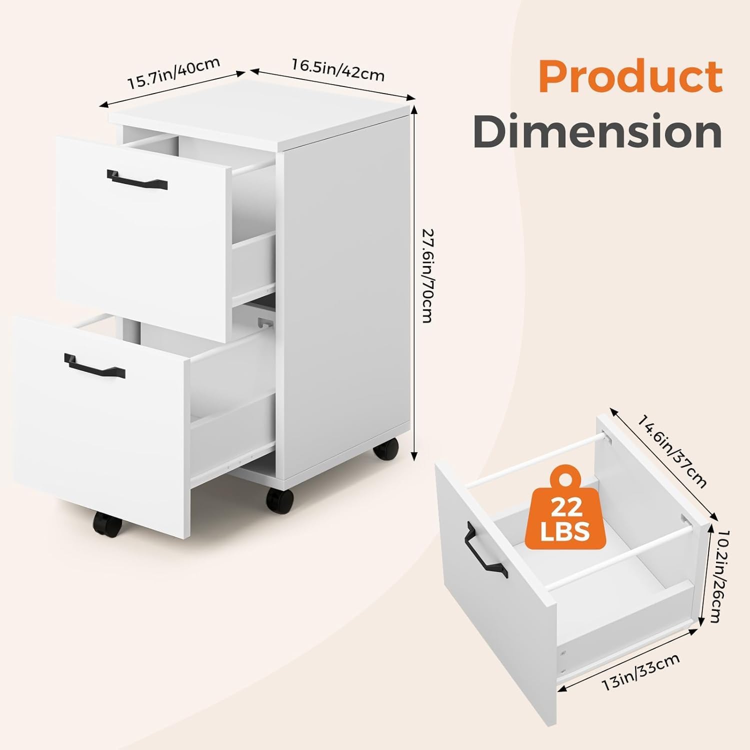 Simple Deluxe 2 Drawer Filing Cabinet, Wood Rolling Filing Cabinets with Printer Stand, Under Desk Storage Lockable Wheels, Home Office Organizer for A4 Letter Legal Size Documents,White