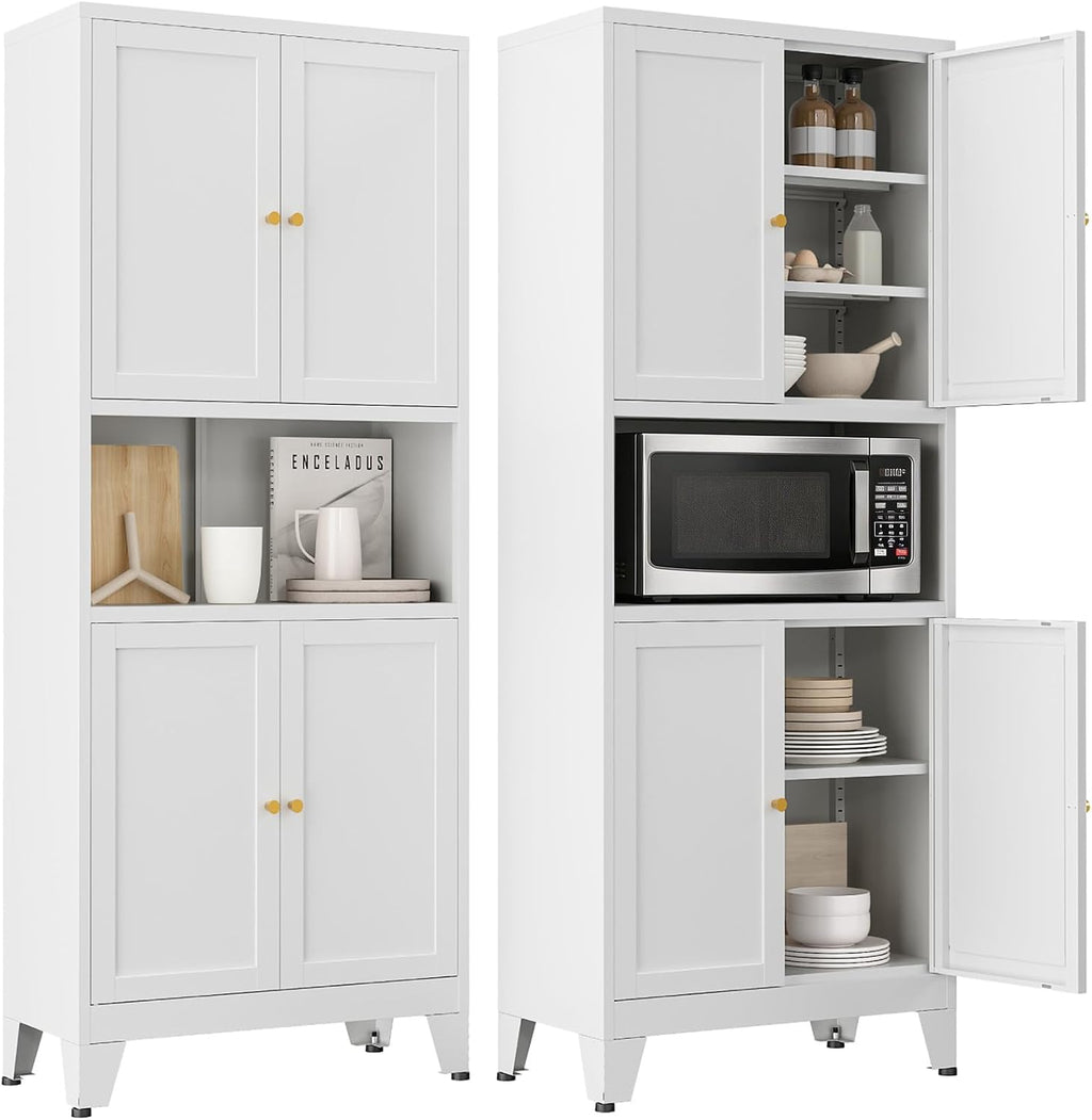 69" H Metal Pantry Cabinet with Open Shelf,13.78“Deep By 28" Wide Storage Cabinet with Doors and Adjustable Shelves,Microwave Stand,for Kitchen Dining Room Bathroom,White 1Pc