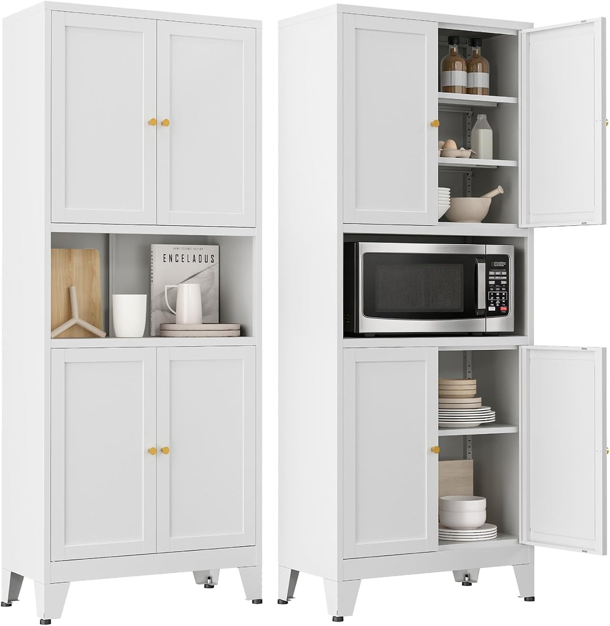 69" H Metal Pantry Cabinet with Open Shelf,13.78“Deep By 28" Wide Storage Cabinet with Doors and Adjustable Shelves,Microwave Stand,for Kitchen Dining Room Bathroom,White 1Pc