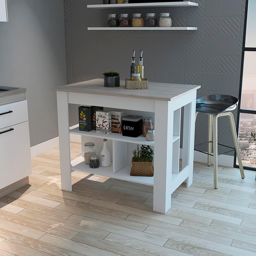 Kitchen Island with Three Shelves Light Gray/White Finish | Tabletop with silver nanoparticles protective film for hygiene