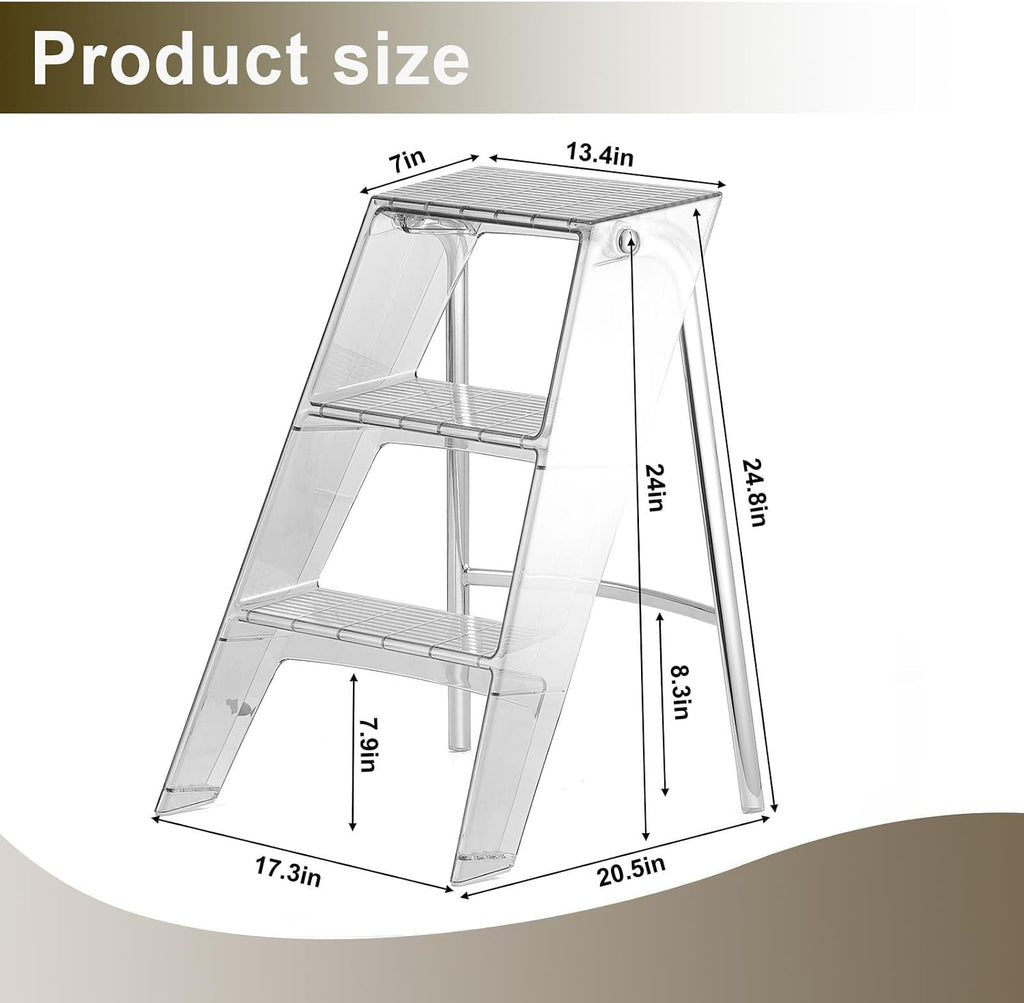 Acrylic Folding Step Stool for Adults,Portable 3 Step Ladder No Assembly | 350lbs Capacity Foot Stool with Anti-Slip Steps, Modern Decorative Display Rack, Plant Stand, Photography Props