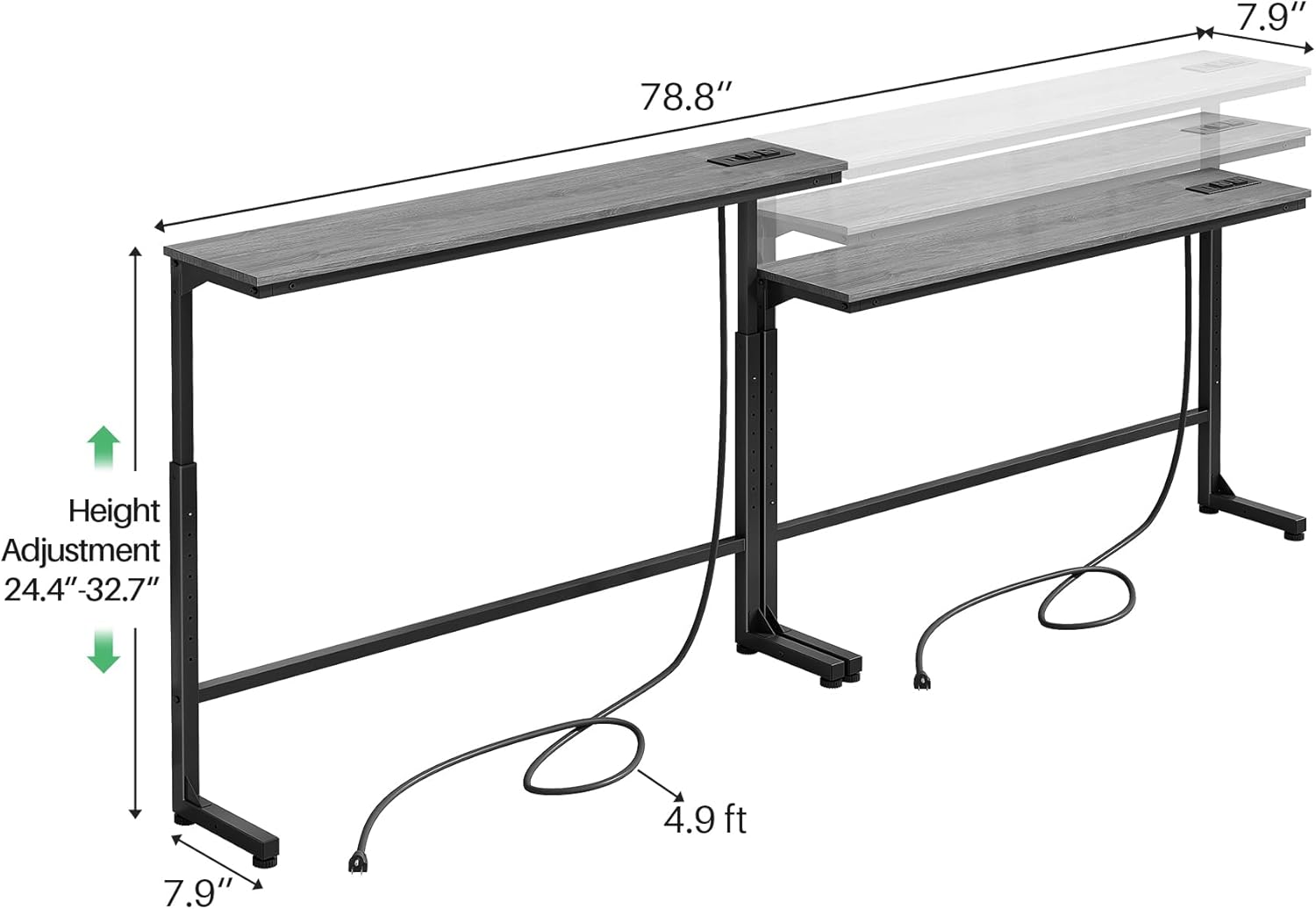 Kitstorack Narrow Sofa Table with Charging Station, 78.8" Behind Couch Table, Adjustable 24.4"-32.7" Height, Modular 2-piece Design for sectionals, entryways, Apartments, and Narrow Living Spaces
