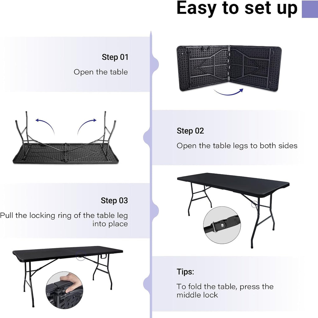Folding Table 6ft, Heavy Duty Plastic Fold-in-Half Utility Table, Black | Portable Utility Table,HDPE Top,Carry Handle,Sturdy Steel Legs,Indoor Outdoor for Parties,Camping, Dining,Supports 330 lbs