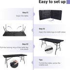 Folding Table 6ft, Heavy Duty Plastic Fold-in-Half Utility Table, Black | Portable Utility Table,HDPE Top,Carry Handle,Sturdy Steel Legs,Indoor Outdoor for Parties,Camping, Dining,Supports 330 lbs