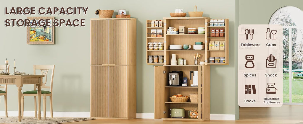 72" Tall Kitchen Pantry Modern Fluted Wood Storage Cabinet with Doors,6 Door Shelves, Organizer, Versatile Cupboard for Kitchen, Dining, Oak,30''W x 15.75''D x 72''H.
