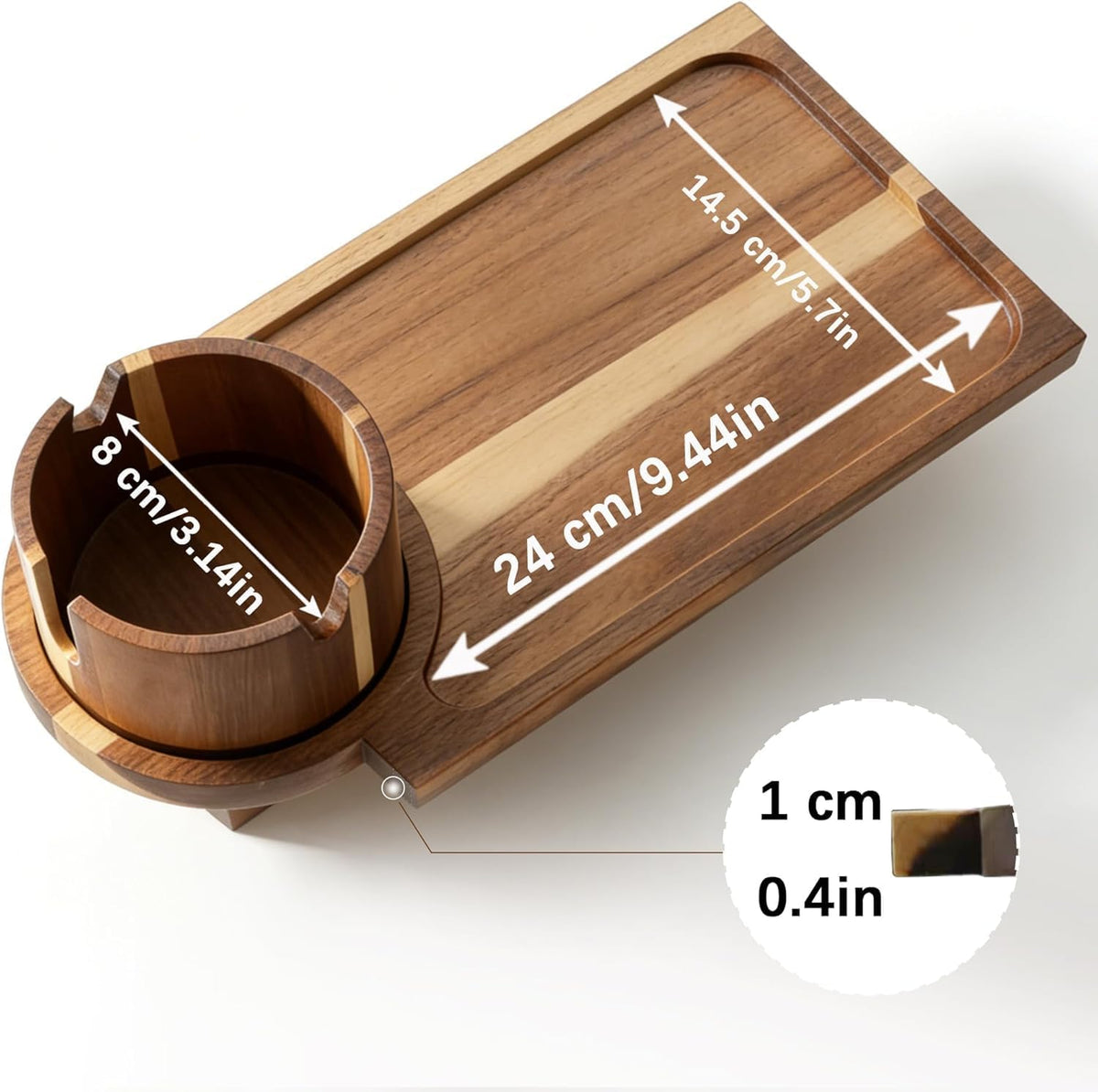 Solid Acacia Wood Couch Cup Holder Tray for Sofa Gap, 3-in-1 Couch Caddy with 360° Rotating Cup Holder, Couch Tray Alternative for Firm Cushions, Snacks, Remote & Phone