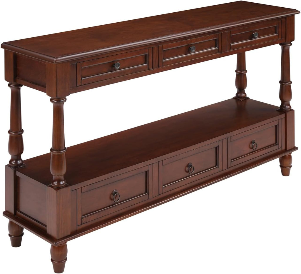 Vintage Solid Wood Console Table with 6 Drawers - 54" Hallway Sofa Table with Bottom Shelf for Entrance, Living Room & Foyer, Cherry