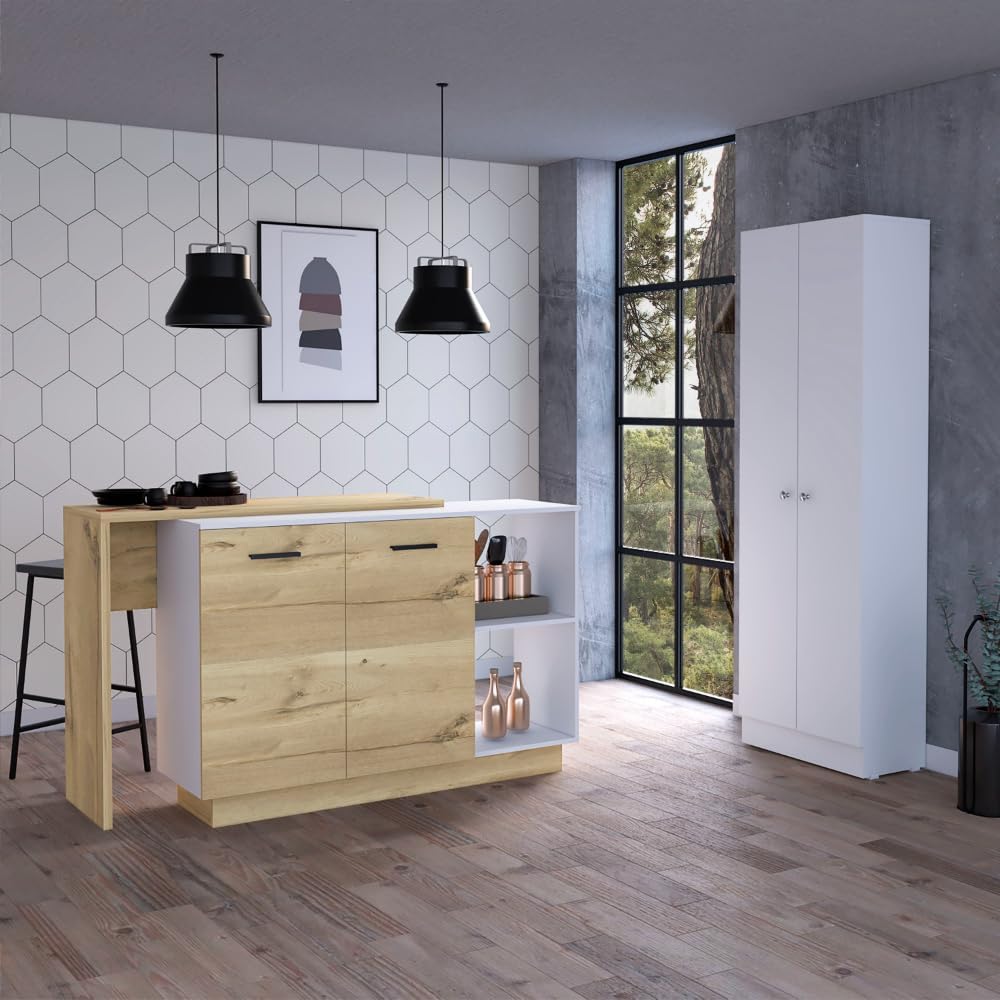 White and Light Oak 4-Door Kitchen Set with Island and Pantry Cabinet | Includes 4-door pantry cabinet with interior shelves and two-top kitchen island
