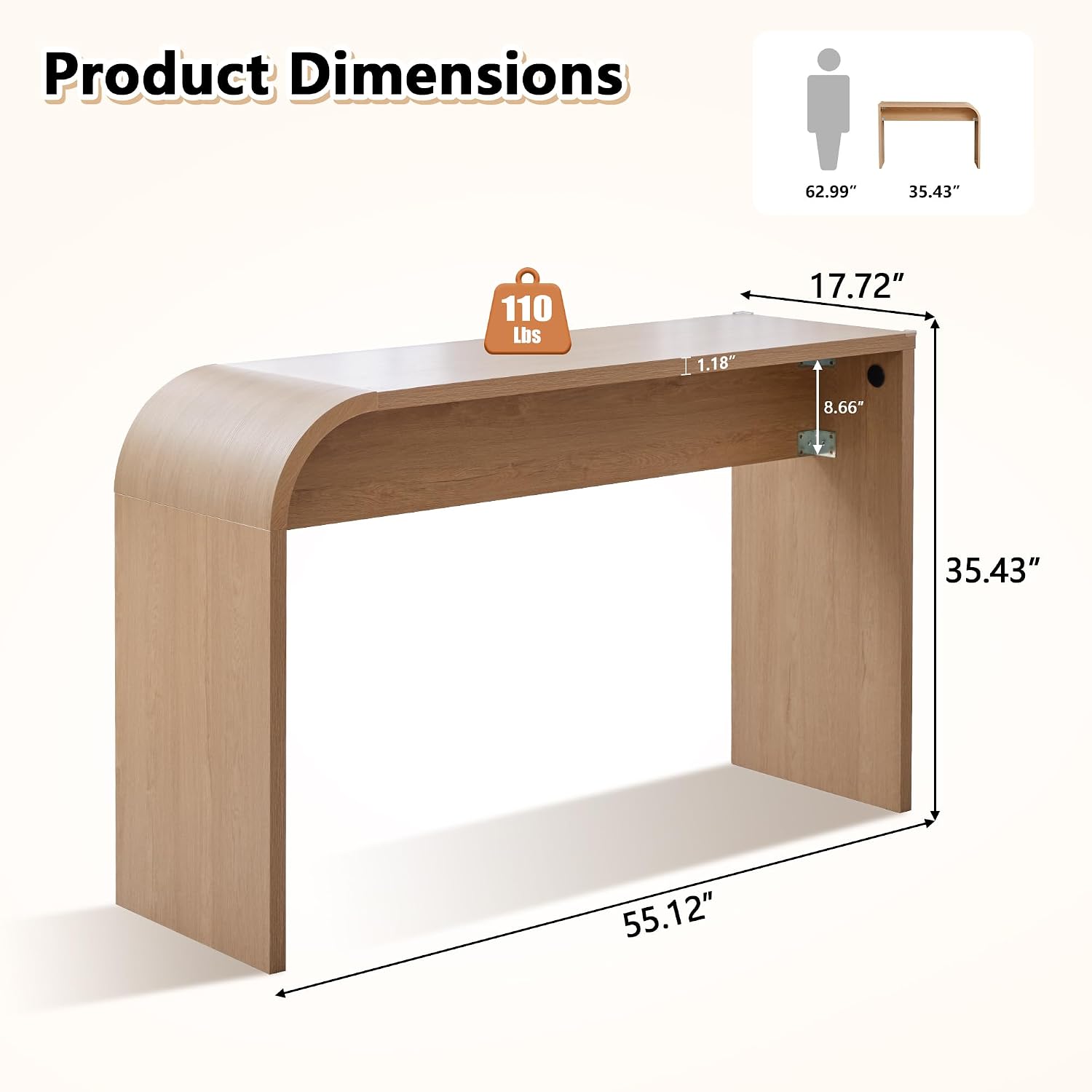 Curved Narrow Console Table, Skinny Behind Couch Counter Height Bar Table | 55.12"Lx17.72"Dx35.43"H Mid Century Modern Slim Breakfast Accent Table for Entryway Hallway Living Room, Rounded Edge-Natural