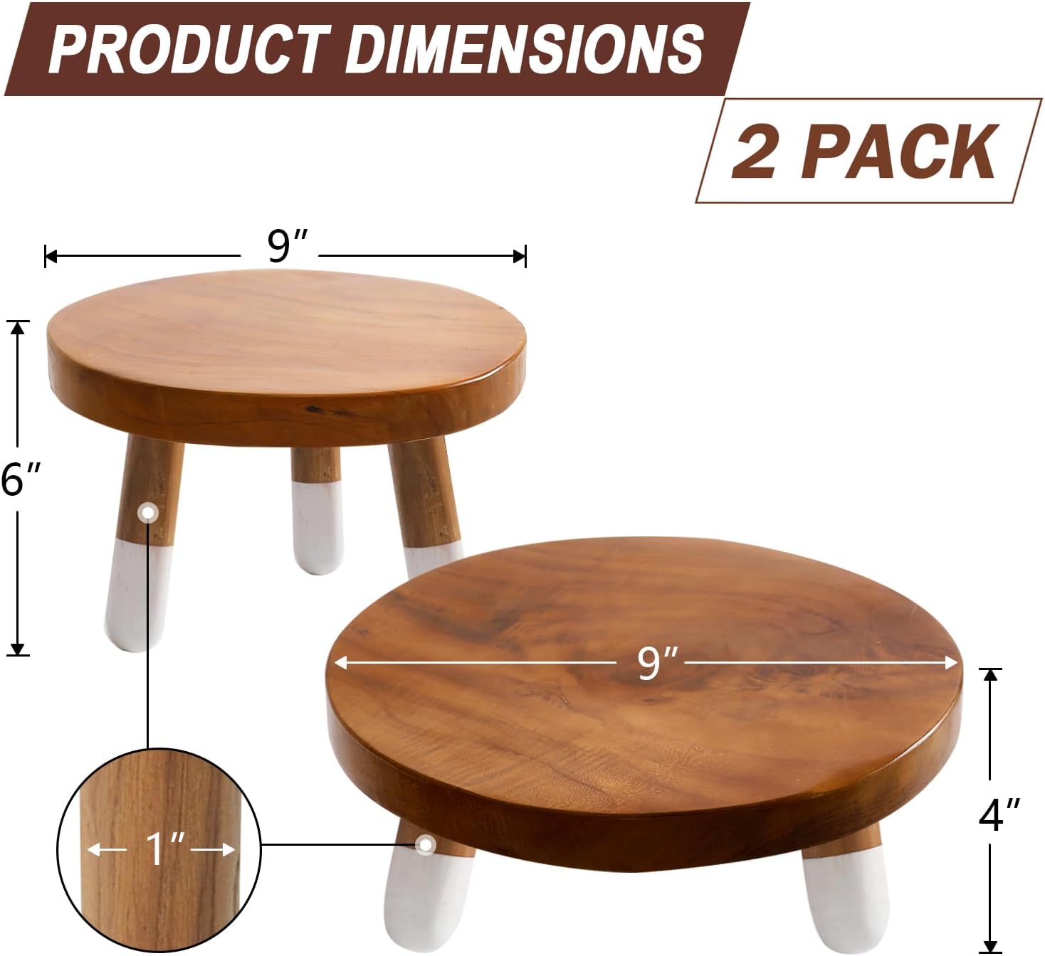 9" Round Dip Dyed Teak Plant Stand |Wood Risers for Decor | Wood Pedestal Stand Riser 4"+6" Tall-2 Pack