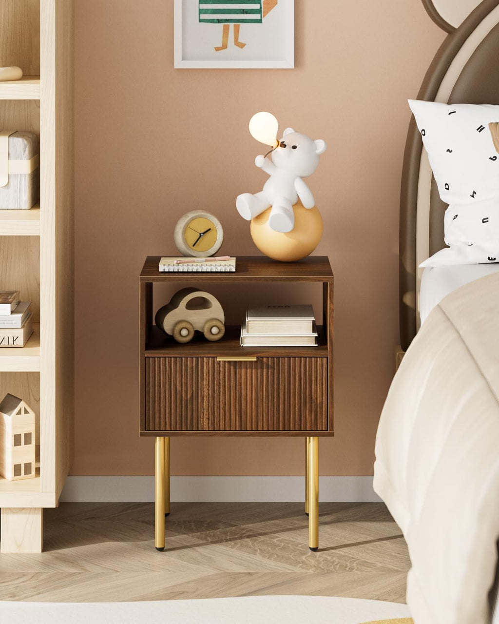 Nightstand,Small Bedside Table with Gold Frame,Walnut Night Stand,Bedside Furniture,Side Table with Drawer and Shelf for Bedroom,Living Room (1Drawer, Walnut)