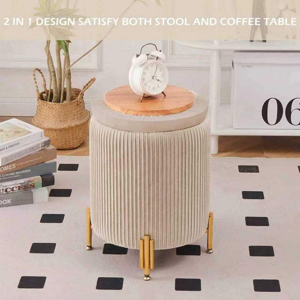 Round Ottoman Foot Stool with Storage and Metal Legs for Living Room Bedroom, Velvet Upholstered Footrest Stool Support 300lbs Modern Padded Seat Ottoman Coffee Table (Oatmeal‌)