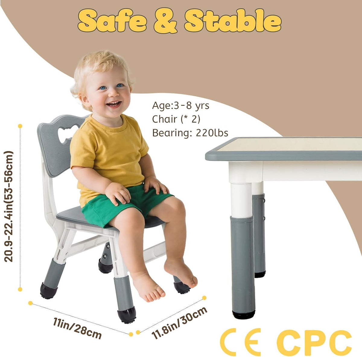 FUNLIO Kids Table and 4 Chairs Set and Adjustable Kids Chair (2pcs)，Easy to Wipe Arts & Crafts Table, for Classrooms/Daycares/Homes, CPC & CE Approved (5-Piece Set) - Gray