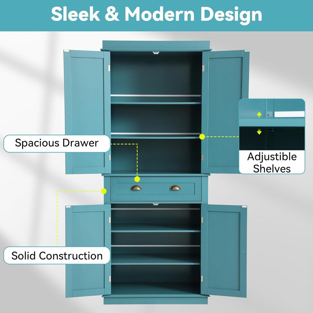 LOUVIXA 72" Kitchen Pantry Storage Cabinet, Freestanding Cupboard with 2 Cabinets, Drawer and Adjustable Shelves, Tall Storage Cabinet for Kitchen, Dinning Room, Living Room (Lake Blue)