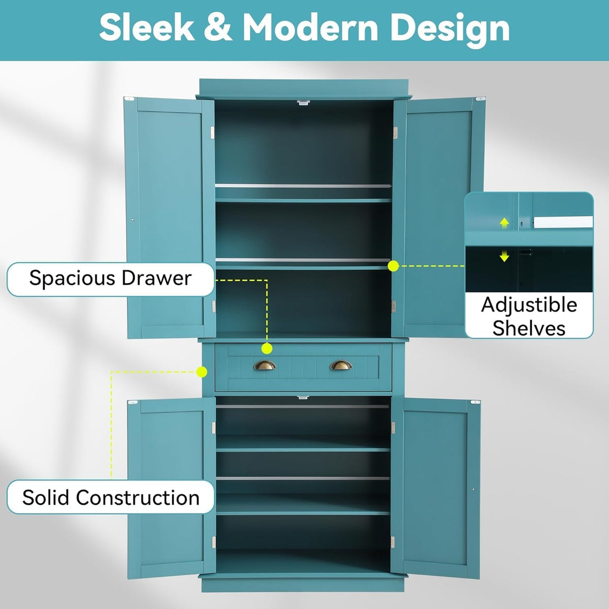 LOUVIXA 72" Kitchen Pantry Storage Cabinet, Freestanding Cupboard with 2 Cabinets, Drawer and Adjustable Shelves, Tall Storage Cabinet for Kitchen, Dinning Room, Living Room (Lake Blue)