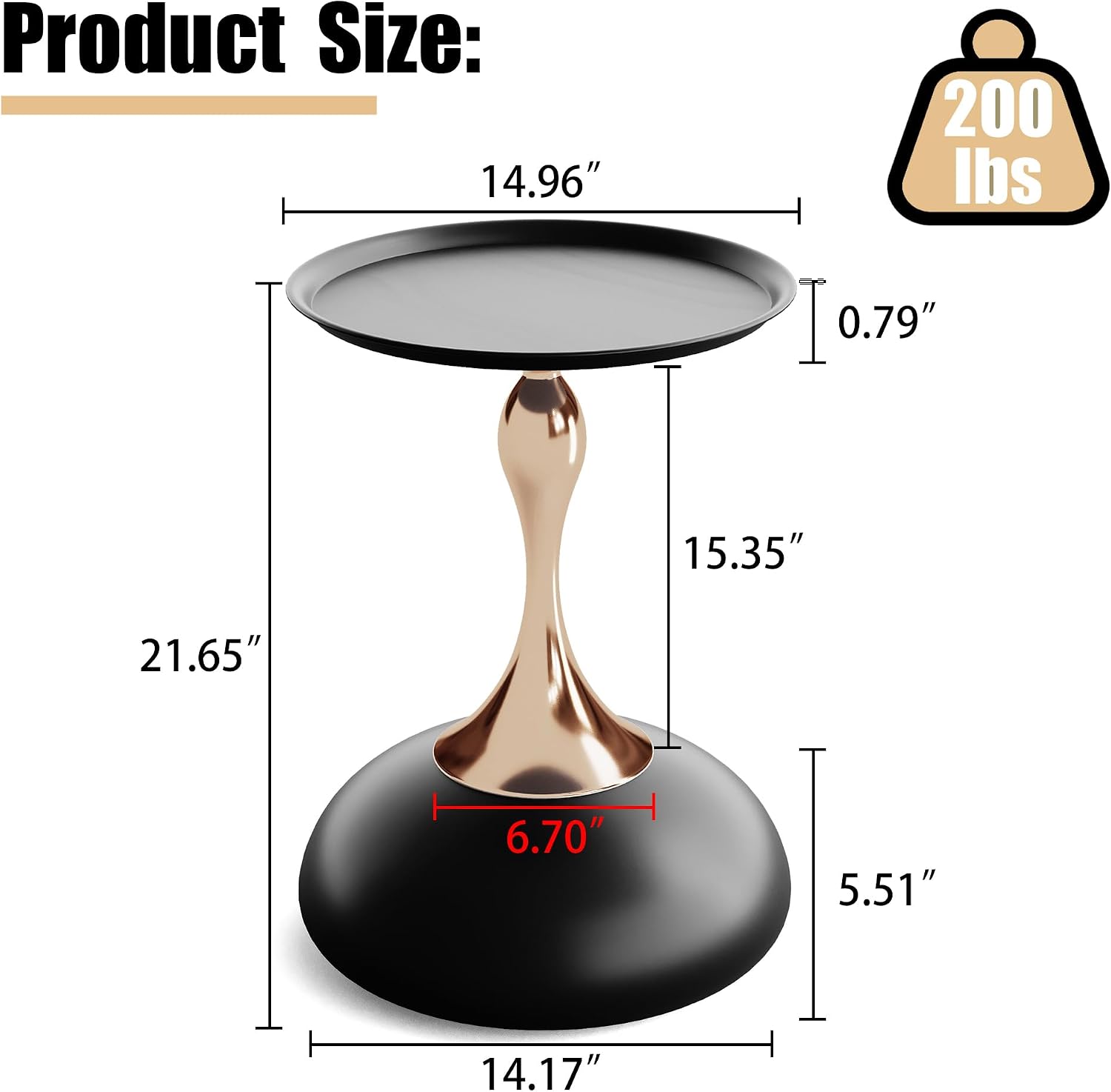 Round Side Table, Small Black End Table with Metal Pedestal, Modern Martini Table for Small Space Living Room, Bedroom, Easy Assembly 15" x 21.6" Drink Table