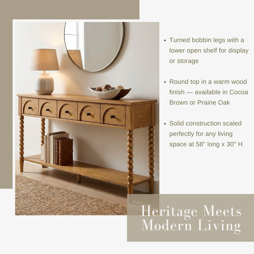 Pembroke 58” Cottage Sofa Console Table with Drawers & Lower Shelf Storage, Narrow Entryway Table or Dining Server with Levelers | Prairie Oak Natural