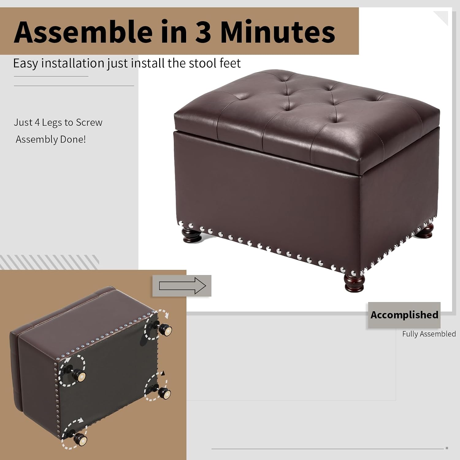 Joveco Faux Leather Storage Ottoman Bench Rectangle 24 Inch Foot Rest Ottomans (Brown)