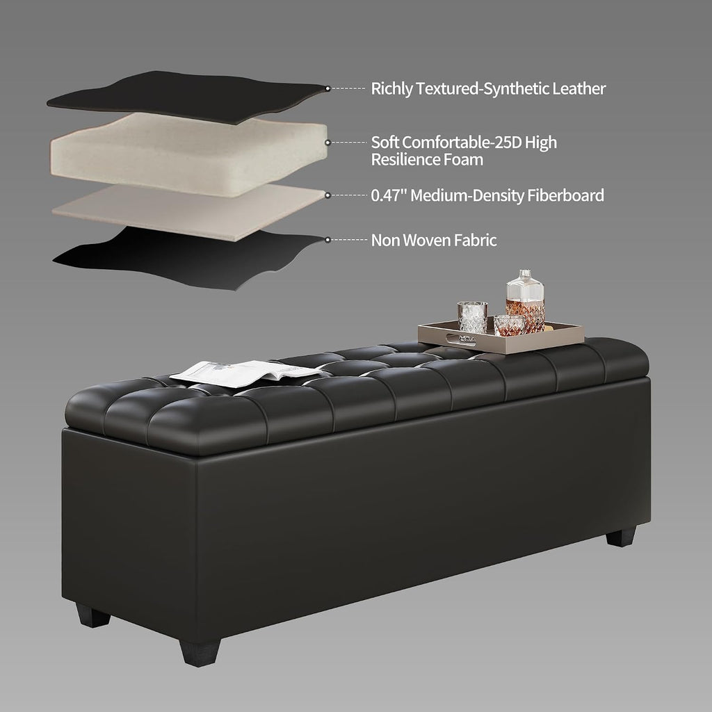 38-inch Black Faux Leather Storage Ottoman Bench with Seat & Footrest Function - End of Bed Bench for Bedroom, Living Room & Entryway