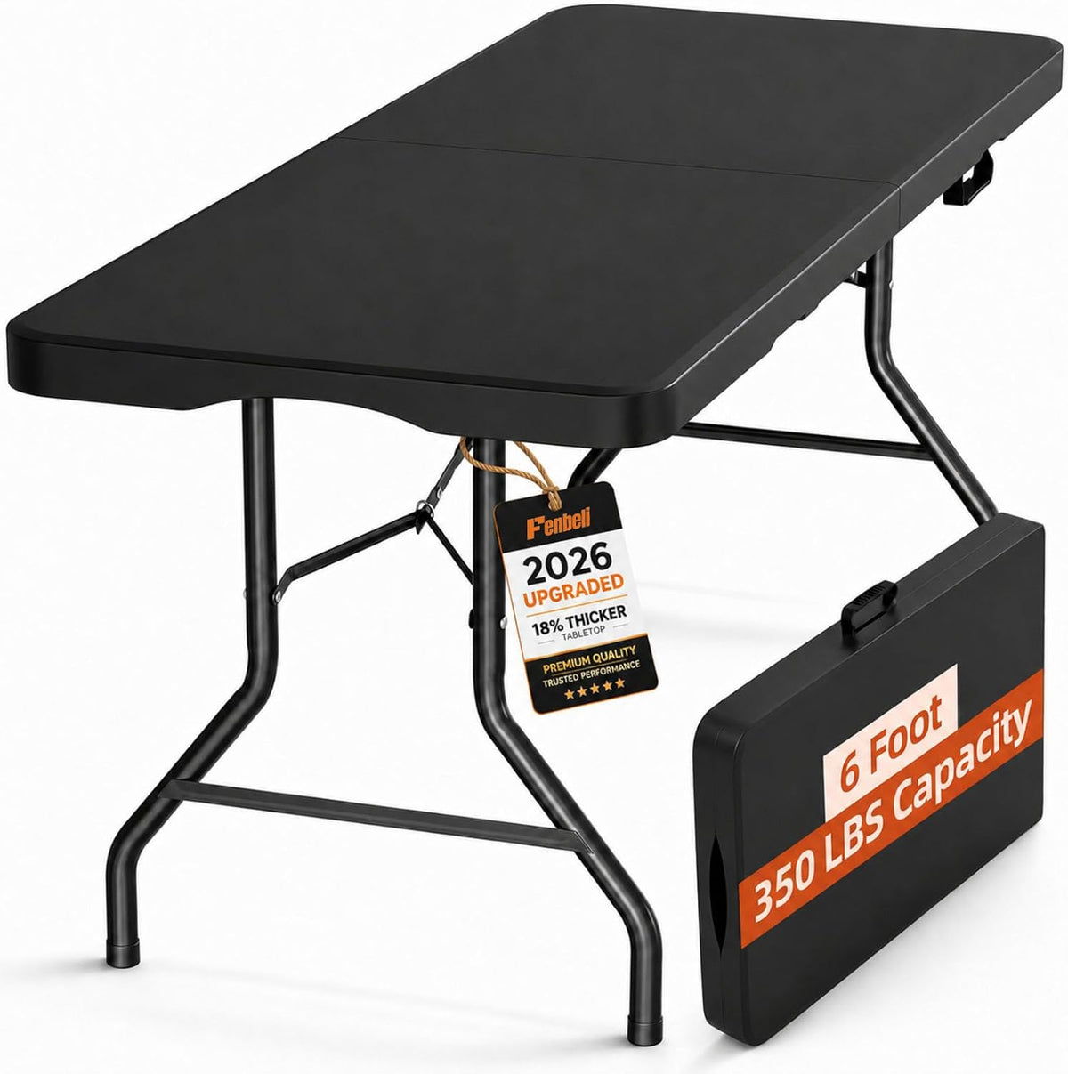 Folding Table 6ft, Heavy Duty Plastic Fold-in-Half Utility Table, Black | Portable Utility Table,HDPE Top,Carry Handle,Sturdy Steel Legs,Indoor Outdoor for Parties,Camping,Dining,Supports 330 lbs
