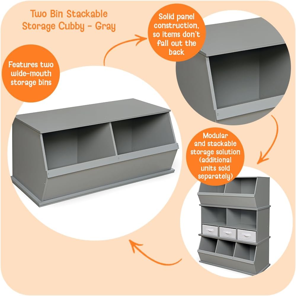 Badger Basket Two Bin Stackable Toy Storage Cubby Organizer – Modular Storage for Toys, Books, and Crafts – Solid Wood Panel – Gray