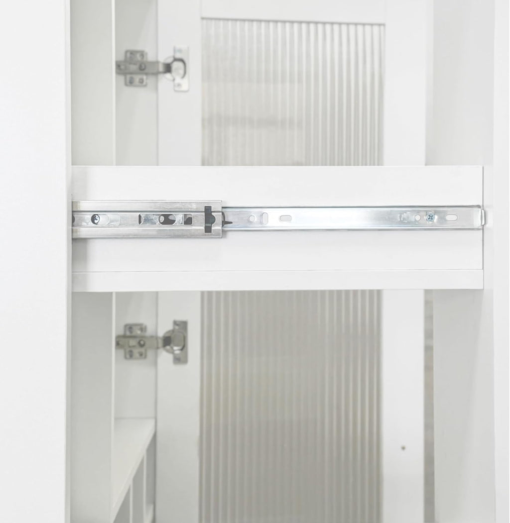 Pull-Out Kitchen Pantry Cabinet with Multi-Tier Shelves, Glass Doors & Spice Rack, Freestanding Wood Hutch Storage Cabinet Next to Refrigerator for Coffee Bar, Dining Room, Narrow Spaces