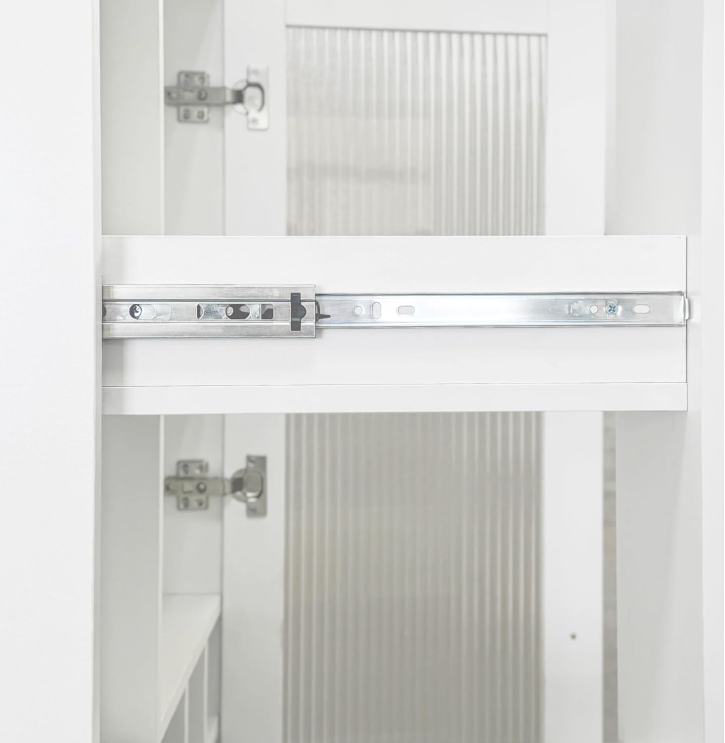 Pull-Out Kitchen Pantry Cabinet with Multi-Tier Shelves, Glass Doors & Spice Rack, Freestanding Wood Hutch Storage Cabinet Next to Refrigerator for Coffee Bar, Dining Room, Narrow Spaces