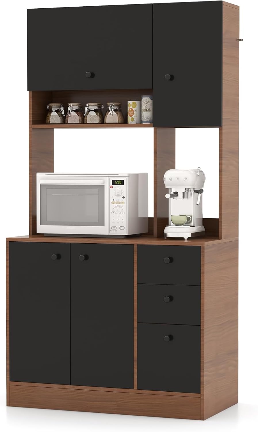 71" Large Kitchen Pantry Cabinet with Microwave Shelf, Wooden Tall Pantry Hutch with 3 Drawers, Adjustable Shelves, Farmhouse Kitchen Hutch Storage Cabinet for Dining Room (Walnut)