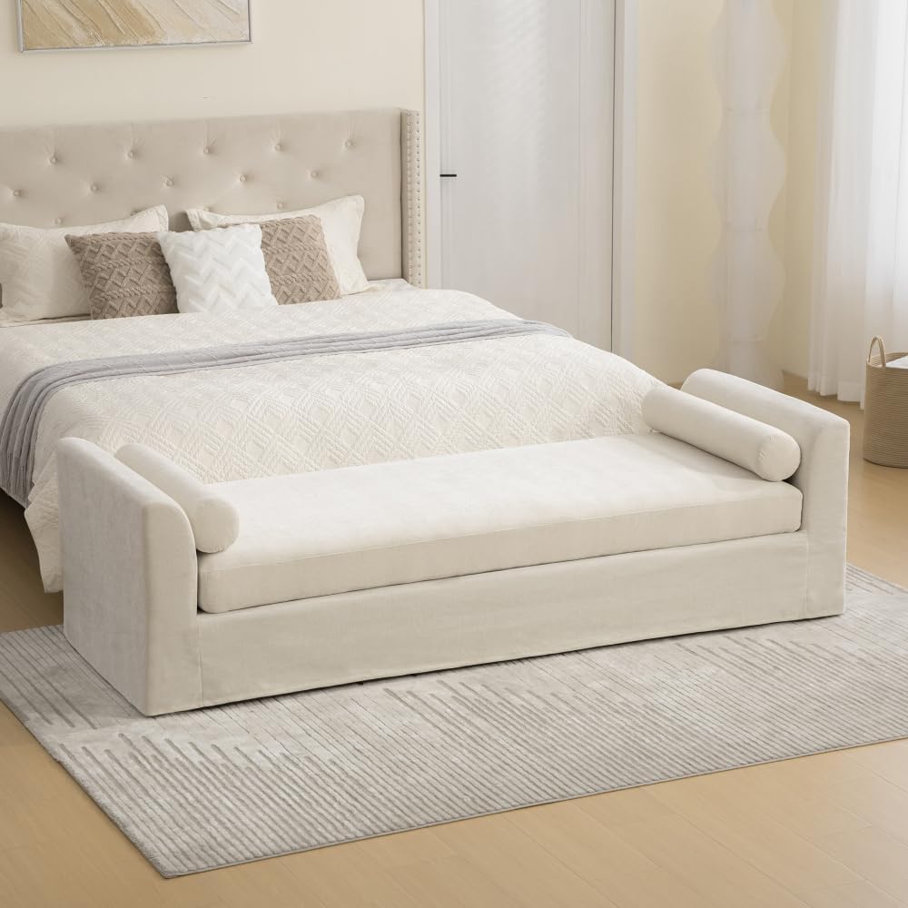 88.58" Chenille End of Bed Bench Chaise Lounge, Upholstered Bedroom Bench with Armrests & Bolster Pillows, PVC Legs for Living Room Entryway Apartment Dorm (88.58", Beige)