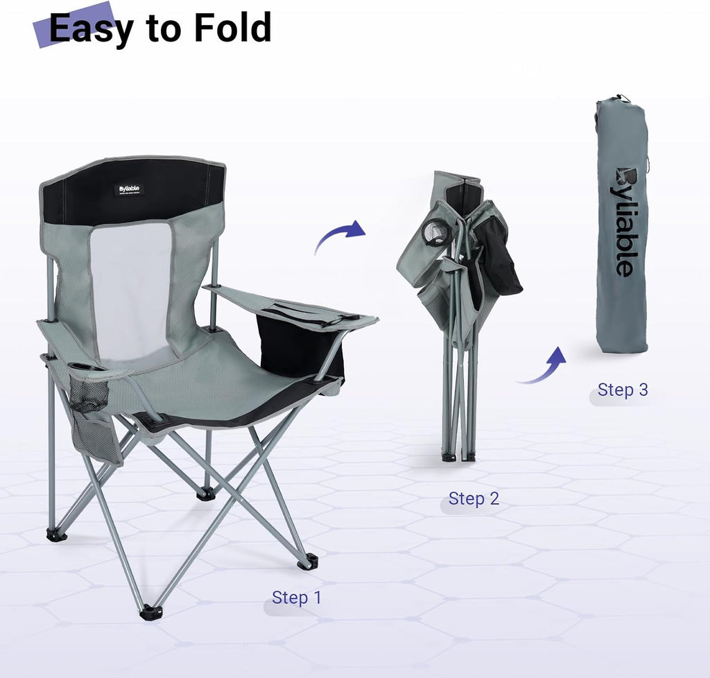 Camping Chairs Portable Folding Lightweight Outdoor Lawn Chair for Adults with Cooler Bag, Cup Holder and Side Pocket for Camping, Beach, Sports, Hiking, Fishing, Gray Black