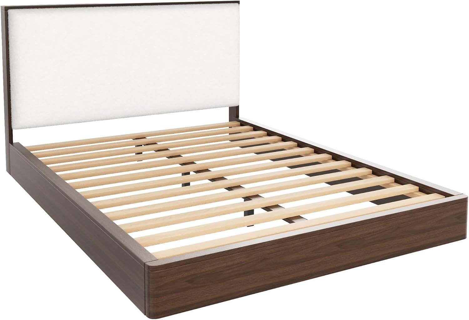 Merax Queen Platform Bed Frame with Bouclé Upholstered Headboard, Solid Wood Platform Bed, No Box Spring Needed, Noise-Free Modern Bed Frame for Bedroom, Walnut