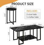 Lamerge 3 Pieces Living Room Table Set, Faux Marble Coffee Table with 2 Round End Side Tables, Coffee Table Set with Metal Frame for Apartment Home Office, Black