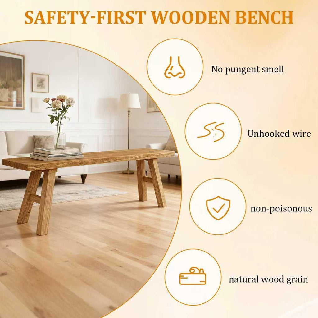Solid Wood Entryway Bench - Rustic Elm Farmhouse Dining Bench for Hallway, Bedroom, Kitchen - 2-Person Seating, Natural Wood Finish