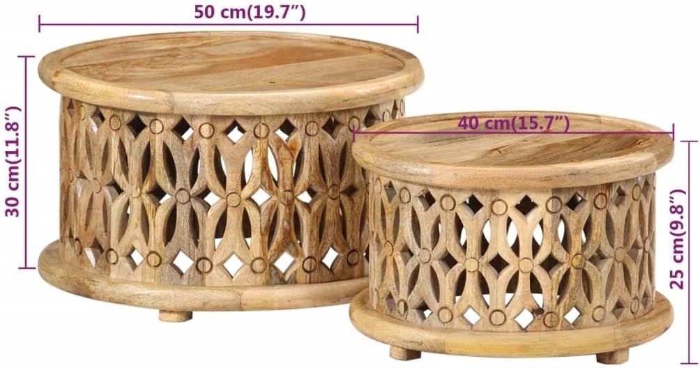 2 Piece Coffee Table Set Solid Mango Wood Round Nesting End Tables for Living Room Brown
