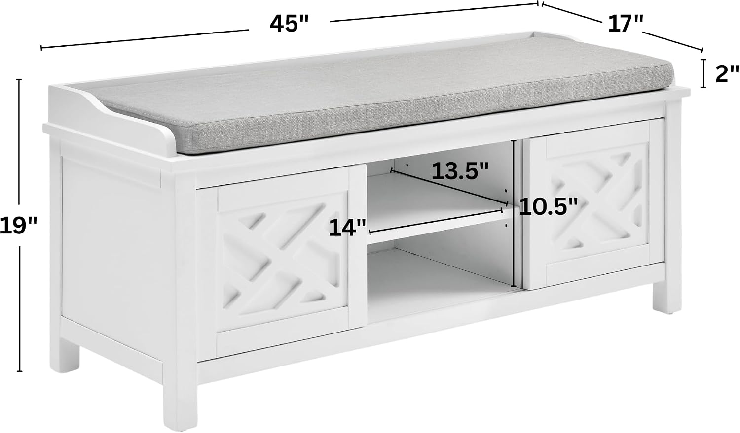 Coventry Modern Entryway Bench with Cushion – 45-Inch Storage Bench with 3 Cubbies, Adjustable Shelves & Decorative Side Panels for Mudroom or Hallway Seating by Alaterre Furniture (White)