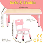 FUNLIO Kids Table and 4 Chairs Set and Adjustable Kids Chair (2pcs)，Easy to Wipe Arts & Crafts Table, for Classrooms/Daycares/Homes, CPC & CE Approved (5-Piece Set) - Pink