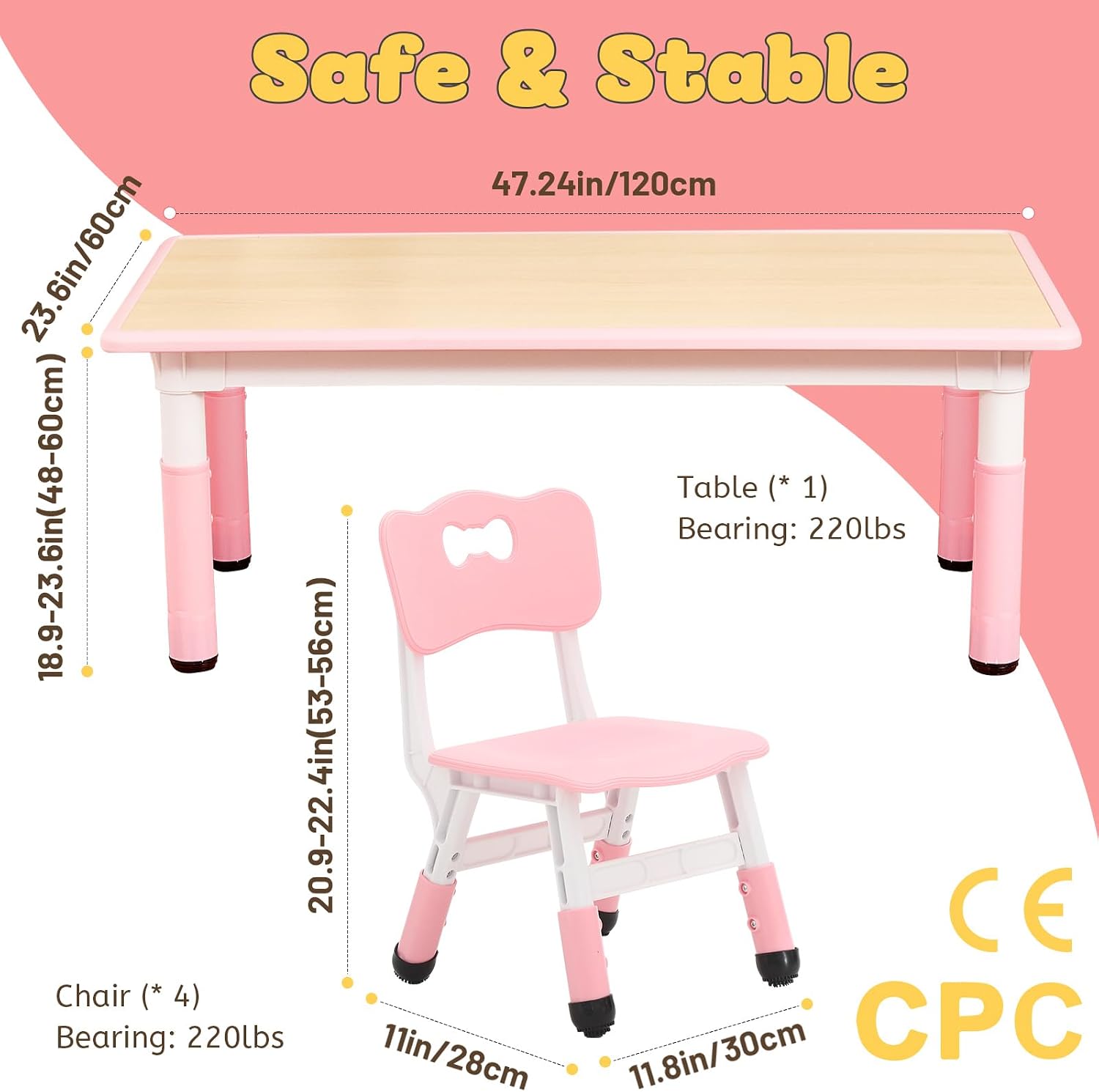 FUNLIO Kids Table and 4 Chairs Set and Adjustable Kids Chair (2pcs)，Easy to Wipe Arts & Crafts Table, for Classrooms/Daycares/Homes, CPC & CE Approved (5-Piece Set) - Pink