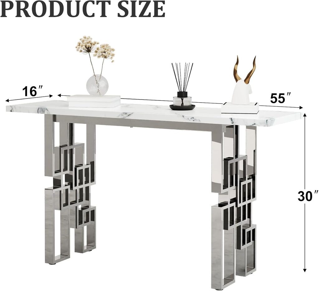 AUZ 55" White and Silver Console Table, Luxury Living Room Sofa Table, Modern Rectangle Console Table for Entryway, Living Room, Office, Foyer, Front Hall, Hallway