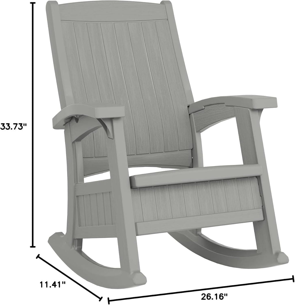 Suncast Outdoor Patio Rocking Chair with Under-Seat Storage, Stylish Faux Wood Outdoor Rocker for Patios, Dove Gray, Made in the USA