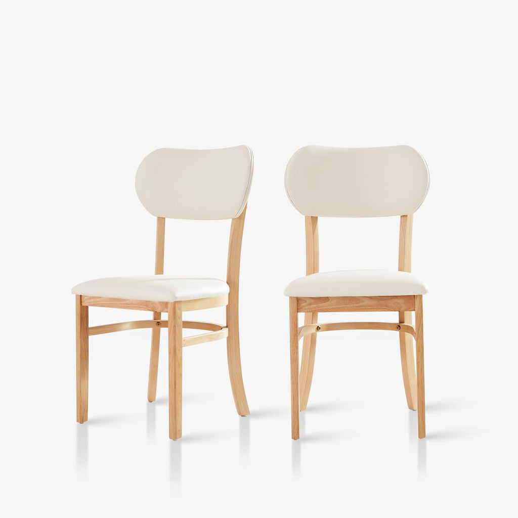 Livinia Tony Dining Chair Set of 2, Solid Malaysian Oak PU Leather Upholstered Cushion Seat, Rounded Back Side Chairs (Natural)