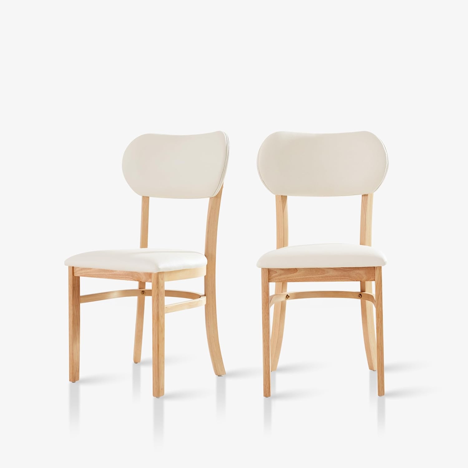 Livinia Tony Dining Chair Set of 2, Solid Malaysian Oak PU Leather Upholstered Cushion Seat, Rounded Back Side Chairs (Natural)