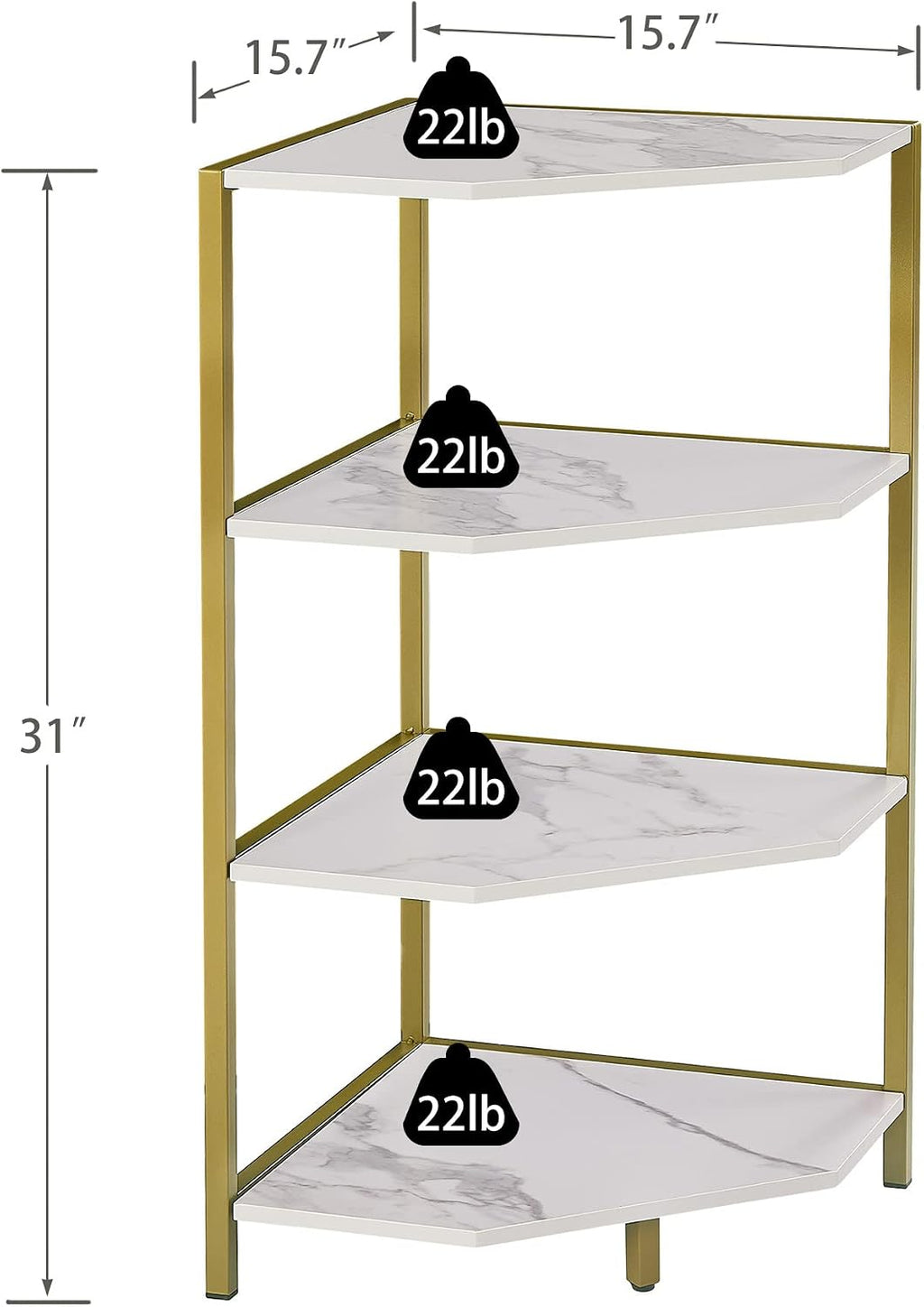 VECELO 31 Inch Corner Shelf, 4-Tier Display Shelves, Wood Storage Stand with Metal Frame, Multipurpose Shelving Unit for Small Space, Home Office,Brushed Gold