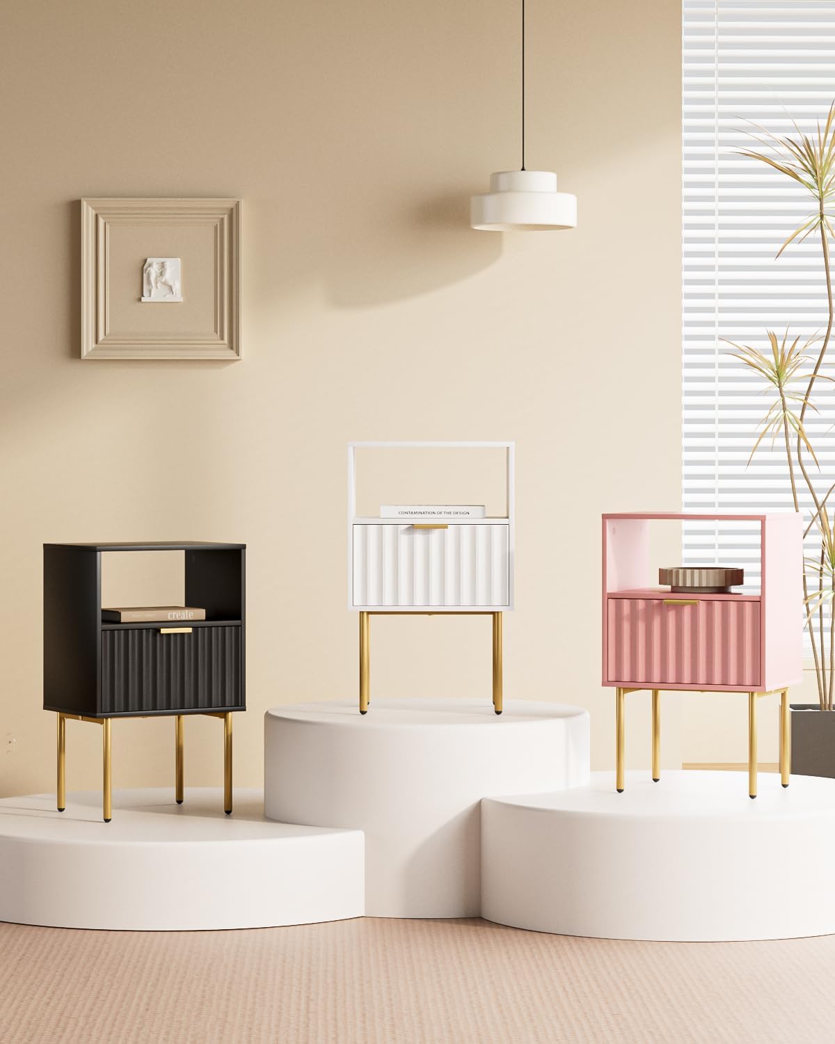 Nightstand,Modern Bedside Table with Gold Frame,White Night Stand,Bedside Furniture, Modern Side Table with Drawer and Shelf for Bedroom (Black)