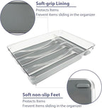 5 Compartments Silverware Tray for Drawer, Plastic Utensil Cutlery Drawer Organizer w/Grip Lining (Clear&Grey)