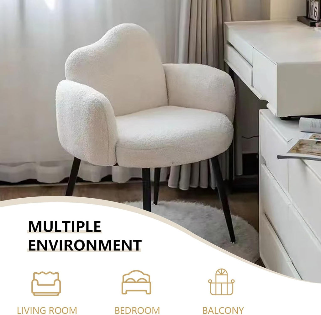 Modern Upholstered Vanity Chair with Arms, No Wheels Desk Chair, Soft Comfortable Accent Chair for Makeup, Bedroom, Living Room, Office or Balcony (White)