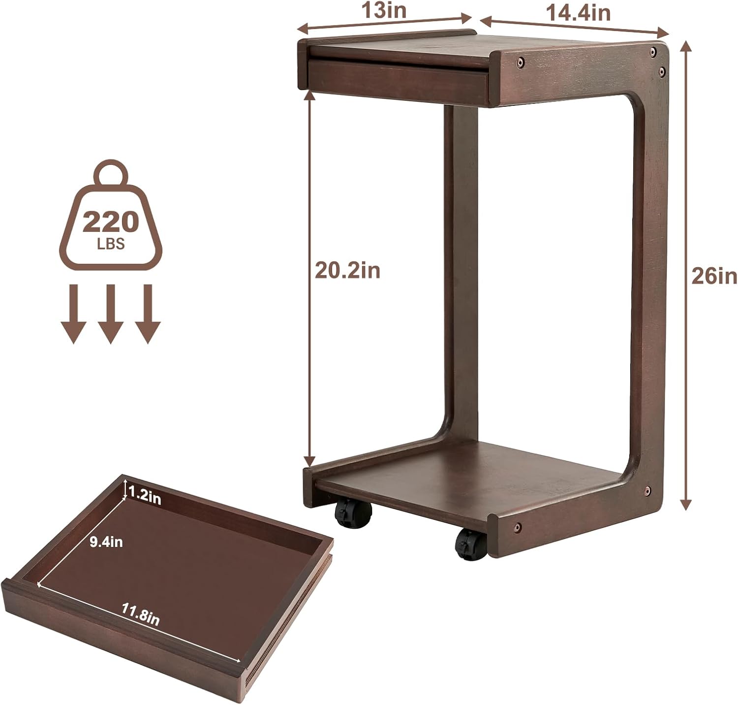 Uniclinens C Table for Sofa, Rolling Side Table with Wheels, Sofa Table with Storage, Narrow Sofa Tray, Skinny Thin Side Table, Solid Wood Slim Small Couch End Table for Living Room, Walnut