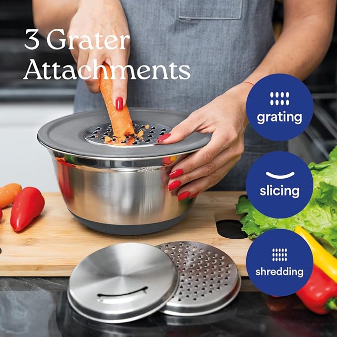 WHYSKO Stainless Steel Mixing Bowls with Lids Set - 5 Rustproof Metal Nesting Mixing Bowls for Kitchen, Meal Prep, Baking, Cooking, Storage - Includes 3 Grater Attachments, Dishwasher Safe